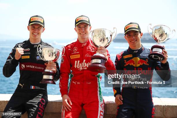 Race winner Frederik Vesti of Denmark and PREMA Racing , Second placed Theo Pourchaire of France and ART Grand Prix and Third placed Zane Maloney of...