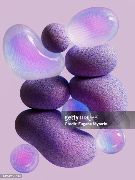 flying purple and glass balloons on purple background - purple texture foto e immagini stock