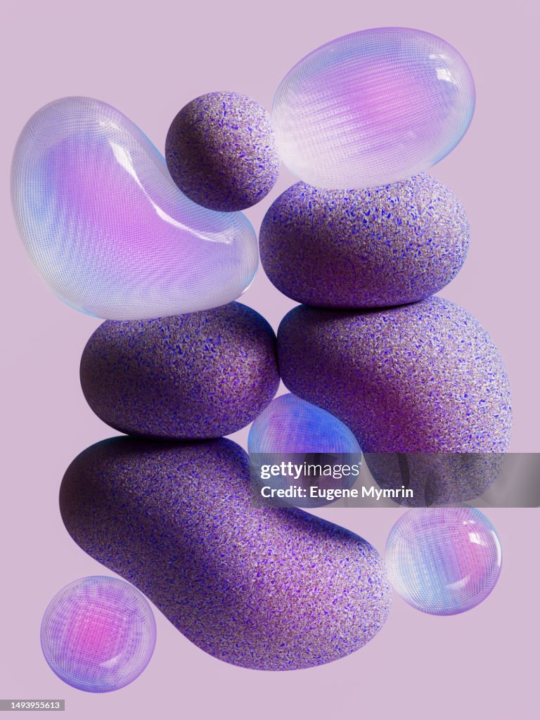 Flying purple and glass balloons on purple background