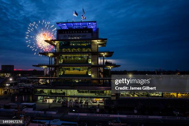 General view of fireworks over the Indianapolis Motor Speedway Pagoda before the 107th Running of the Indianapolis 500 at Indianapolis Motor Speedway...