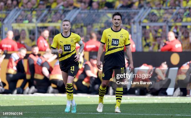 Marco Reus of Dortmund and Mats Hummels of Dortmund are seen during the Bundesliga match between Borussia Dortmund and 1. FSV Mainz 05 at Signal...