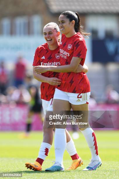 Noelle Maritz of Arsenal embraces teammate Rafaelle Souza as they warm up prior to the FA Women's Super League match between Arsenal and Aston Villa...