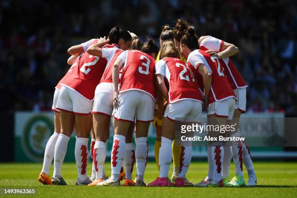The Arsenal team form a huddle on the pitch prior to the FA Women's Super League match between Arsenal and Aston Villa at Meadow Park on May 27, 2023...