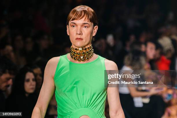 Model Jhonny Luxo walks the runway at Weider Silveiro fashion show during Sao Paulo Fashion Week N55 SPFW Fall/Winter 2024 at Komplexo Tempo on May...