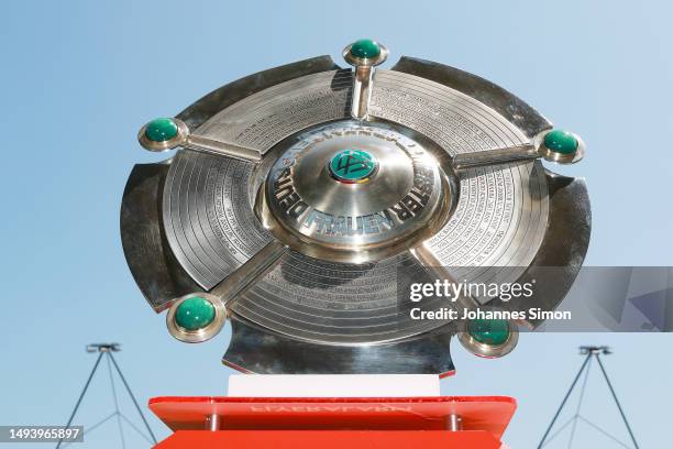 Detailed view of the FLYERALARM Frauen-Bundesliga trophy prior to the FLYERALARM Frauen-Bundesliga match between FC Bayern München and 1. FFC Turbine...