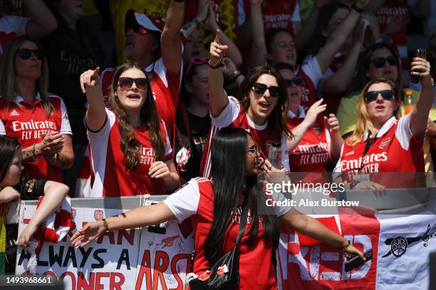 Arsenal fans show their support prior to the FA Women's Super League match between Arsenal and Aston Villa at Meadow Park on May 27, 2023 in...