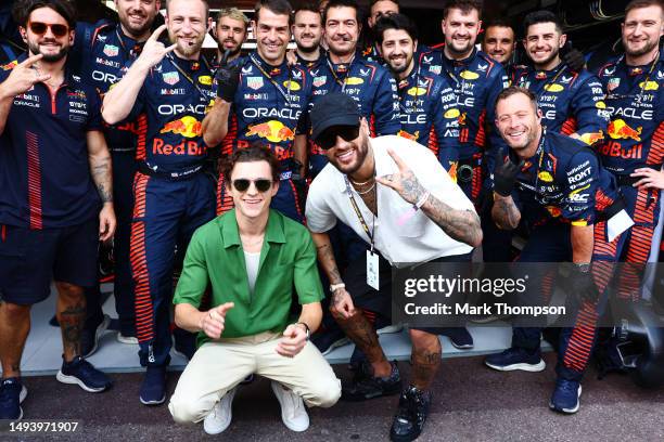 Tom Holland and Neymar pose for a photo with the Red Bull Racing team prior to the F1 Grand Prix of Monaco at Circuit de Monaco on May 28, 2023 in...