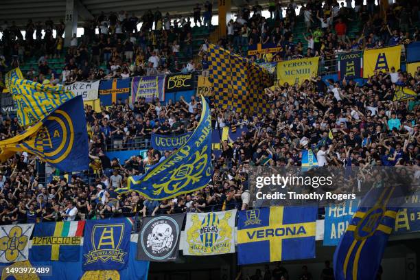 Verona's supporters celebrate Adolofo Gaich's goal during the Serie A match between Hellas Verona and Empoli FC at Stadio Marcantonio Bentegodi on...