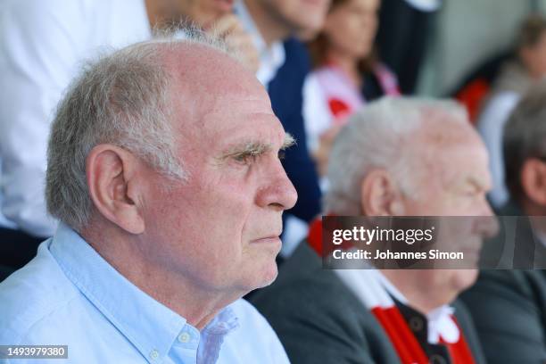 Uli Hoeness, Former Bayern Munich President and current board member, looks on prior to the FLYERALARM Frauen-Bundesliga match between FC Bayern...