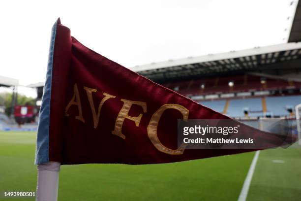 Detailed view of the corner flag inside the stadium prior to the Premier League match between Aston Villa and Brighton & Hove Albion at Villa Park on...