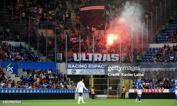 General view of the ultra fans as they perform during the Ligue 1 match between RC Strasbourg and Paris Saint-Germain at Stade de la Meinau on May...