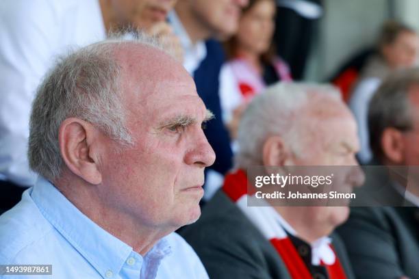 Uli Hoeness, Former Bayern Munich President and current board member, looks on prior to the FLYERALARM Frauen-Bundesliga match between FC Bayern...