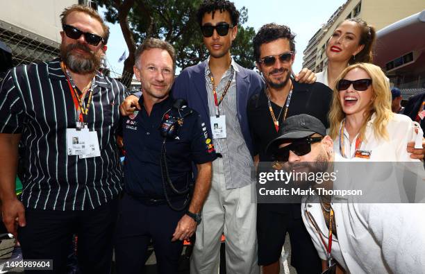David Harbour, Red Bull Racing Team Principal Christian Horner, Archie Madekwe, Orlando Bloom, Neymar, Maria Sharapova and Kylie Minogue pose for a...