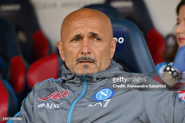 Luciano Spalletti, Head Coach of SSC Napoli, looks on during the Serie A match between Bologna FC and SSC Napoli at Stadio Renato Dall'Ara on May 28,...