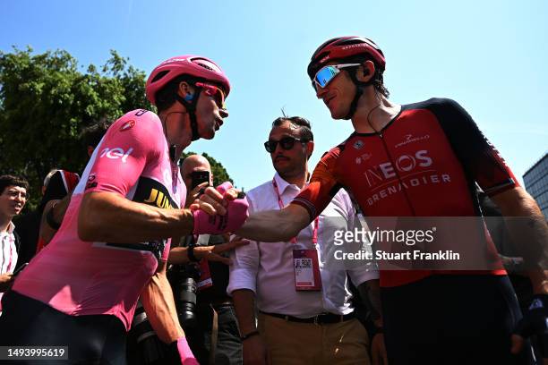 Primoz Roglič of Slovenia and Team Jumbo-Visma - Pink Leader Jersey and Geraint Thomas of The United Kingdom and Team INEOS Grenadiers prior to the...