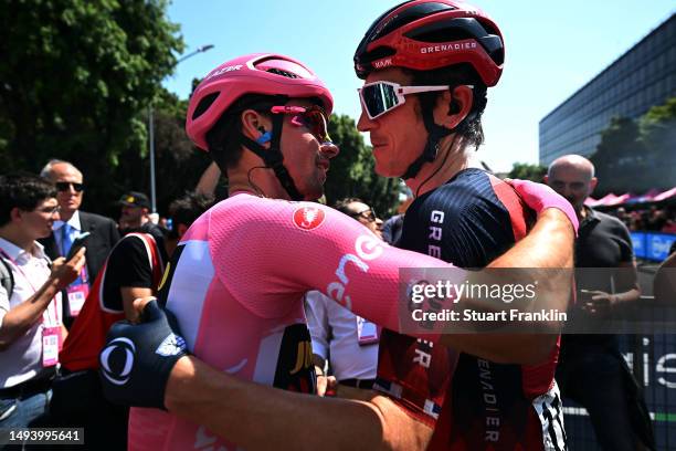 Primoz Roglič of Slovenia and Team Jumbo-Visma - Pink Leader Jersey and Geraint Thomas of The United Kingdom and Team INEOS Grenadiers prior to the...