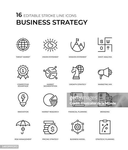 business strategy line icon set - financial analyst stock illustrations