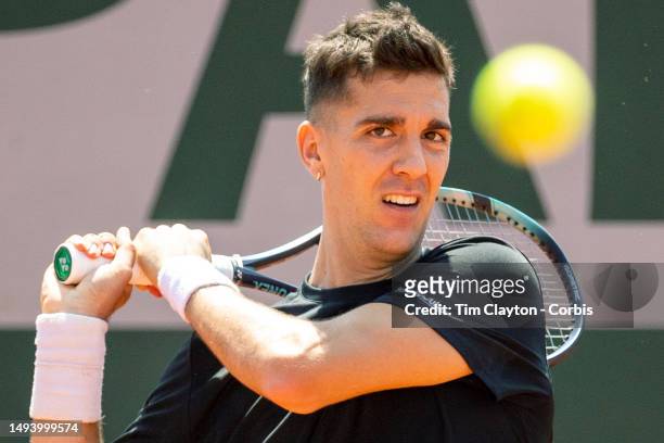 Thanasi Kokkinakis of Australia in action during his victory against Daniel Evans of Great Britain in the first round of the singles competition on...