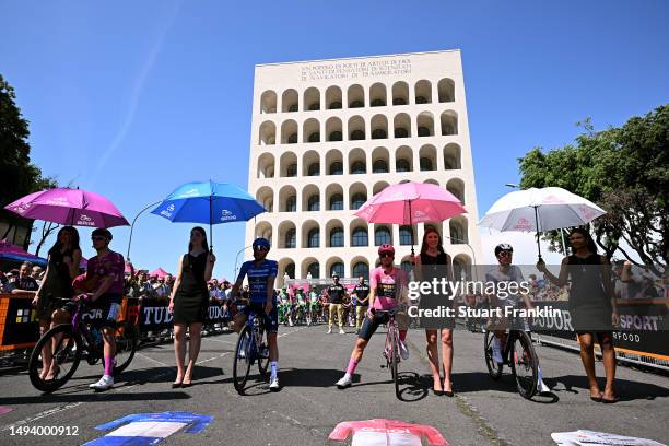 Jonathan Milan of Italy and Team Bahrain - Victorious - Purple Points Jersey, Thibaut Pinot of France and Team Groupama - FDJ - Blue Mountain Jersey,...