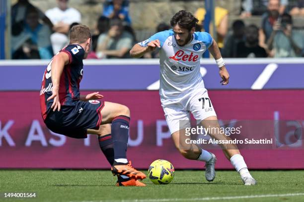 Khvicha Kvaratskhelia of SSC Napoli controls the ball during the Serie A match between Bologna FC and SSC Napoli at Stadio Renato Dall'Ara on May 28,...