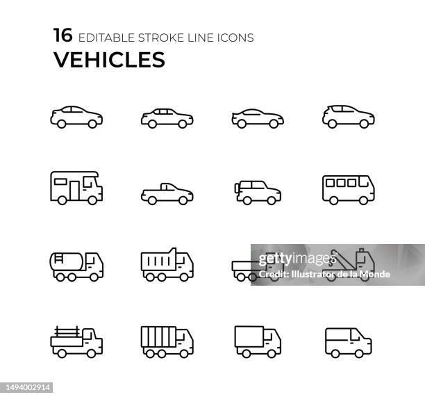 vehicles line icon set - estate car stock illustrations