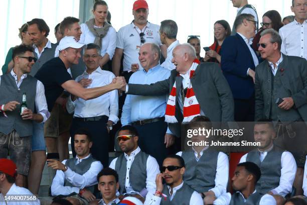 Herbert Hainer, President of FC Bayern München and Uli Hoeness, Former Bayern Munich President and current board member, react during the FLYERALARM...