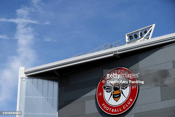 General view outside the stadium prior to the Premier League match between Brentford FC and Manchester City at Gtech Community Stadium on May 28,...
