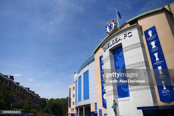 General view outside the stadium prior to the Premier League match between Chelsea FC and Newcastle United at Stamford Bridge on May 28, 2023 in...