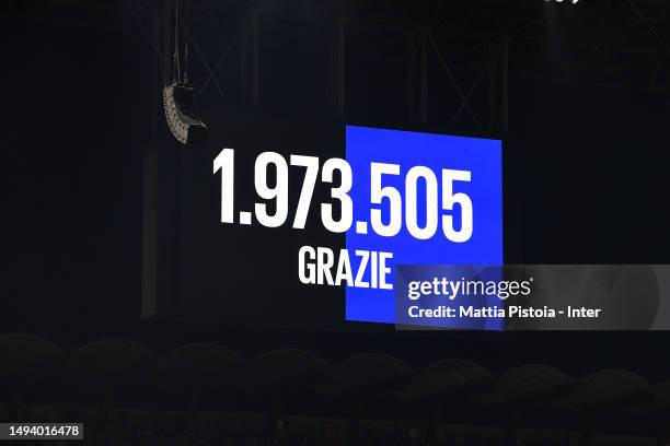 Tabellone Grazie during the Serie A match between FC Internazionale and Atalanta BC at Stadio Giuseppe Meazza on May 27, 2023 in Milan, Italy.