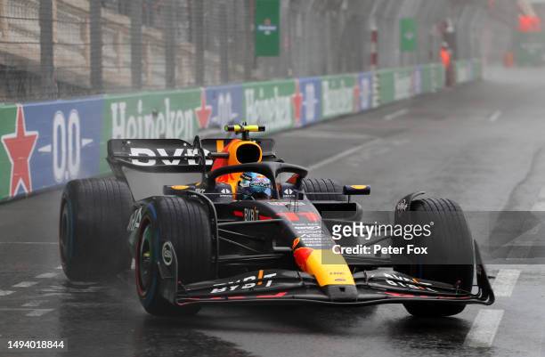 Sergio Perez of Mexico driving the Oracle Red Bull Racing RB19 on track during the F1 Grand Prix of Monaco at Circuit de Monaco on May 28, 2023 in...
