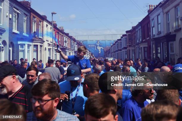 Everton supporters show their support ahead of the Premier League match between Everton FC and AFC Bournemouth at Goodison Park on May 28, 2023 in...