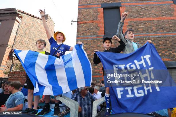 Everton supporters show their support ahead of the Premier League match between Everton FC and AFC Bournemouth at Goodison Park on May 28, 2023 in...