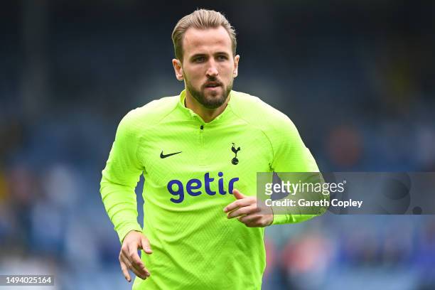 Harry Kane of Tottenham Hotspur warms up prior to the Premier League match between Leeds United and Tottenham Hotspur at Elland Road on May 28, 2023...