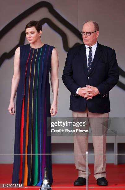 Prince Albert of Monaco and Princess Charlene of Monaco are seen on the podium during the F1 Grand Prix of Monaco at Circuit de Monaco on May 28,...