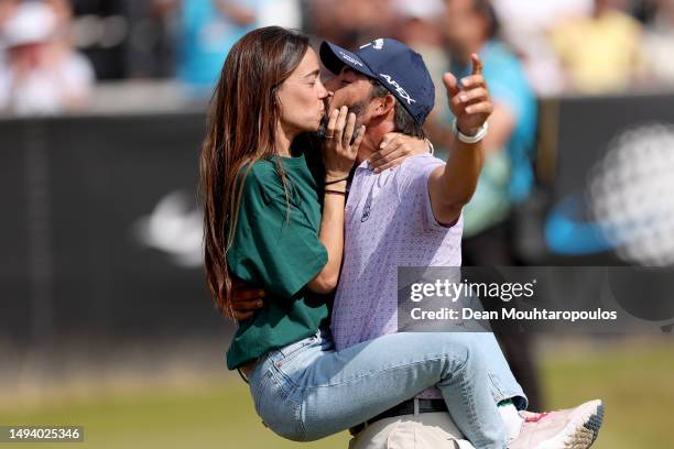 Pablo Larrazabal of Spain kisses his partner Adriana Lamelas after winning the KLM Open on the 18th hole during Day Four of the KLM Open at Bernardus...