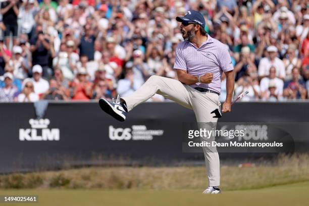 Pablo Larrazabal of Spain celebrates after winning the KLM Open on the 18th hole during Day Four of the KLM Open at Bernardus Golf on May 28, 2023 in...