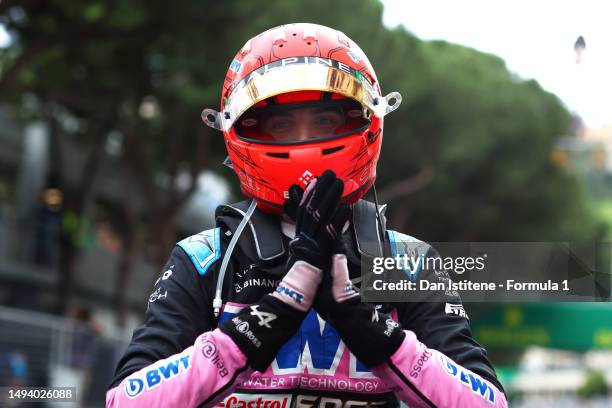 Third placed Esteban Ocon of France and Alpine F1 celebrates in parc ferme during the F1 Grand Prix of Monaco at Circuit de Monaco on May 28, 2023 in...