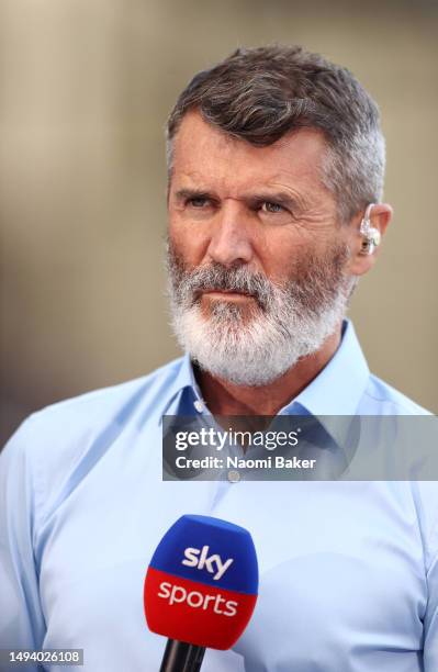 Sky Sports pundit Roy Keane looks on prior to the Premier League match between Everton FC and AFC Bournemouth at Goodison Park on May 28, 2023 in...