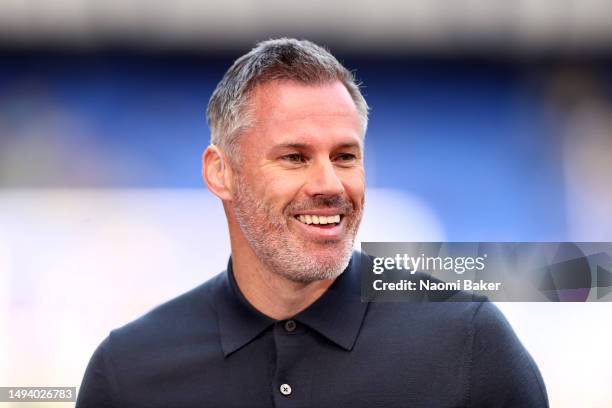 Sky Sports pundit Jamie Carragher looks on prior to the Premier League match between Everton FC and AFC Bournemouth at Goodison Park on May 28, 2023...