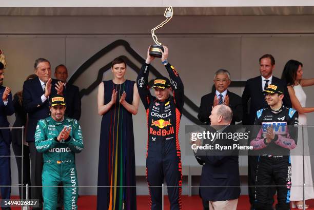 Race winner Max Verstappen of the Netherlands and Oracle Red Bull Racing celebrates on the podium during the F1 Grand Prix of Monaco at Circuit de...