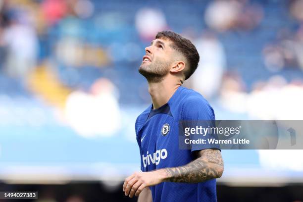 Christian Pulisic of Chelsea looks on during the warm up prior to the Premier League match between Chelsea FC and Newcastle United at Stamford Bridge...