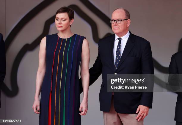 Prince Albert of Monaco and Princess Charlene of Monaco are seen on the podium during the F1 Grand Prix of Monaco at Circuit de Monaco on May 28,...