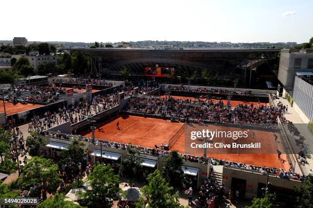 General view of Court Seven is seen with Court Suzanne-Lenglen in the background on Day One of the 2023 French Open at Roland Garros on May 28, 2023...