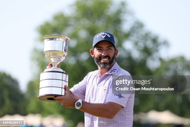 Pablo Larrazabal of Spain poses with the trophy after winning the KLM Open on the 18th hole during Day Four of the KLM Open at Bernardus Golf on May...