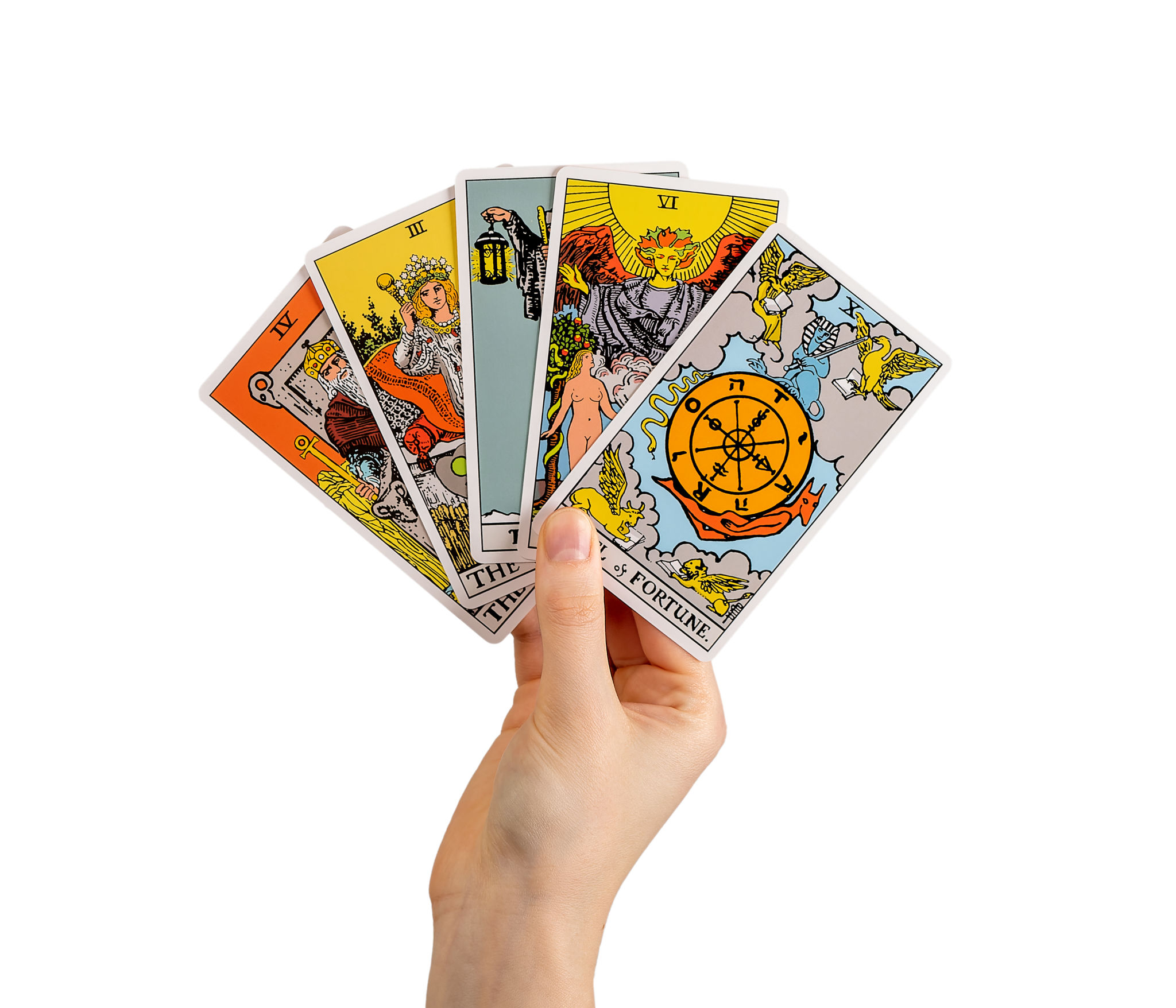 Hand holding tarot cards, major arcana isolated on white background Hand holding tarot cards, major arcana isolated on white background