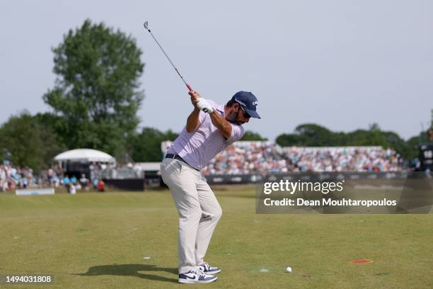 Pablo Larrazabal of Spain plays his second shot on the 18th hole during Day Four of the KLM Open at Bernardus Golf on May 28, 2023 in Netherlands.