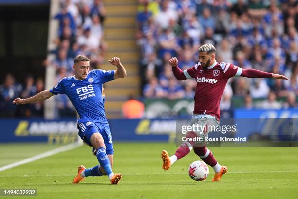 Timothy Castagne of Leicester City battles for possession with Said Benrahma of West Ham United during the Premier League match between Leicester...