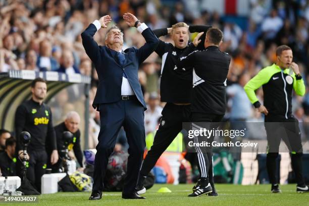 Sam Allardyce, Manager of Leeds United, reacts during the Premier League match between Leeds United and Tottenham Hotspur at Elland Road on May 28,...