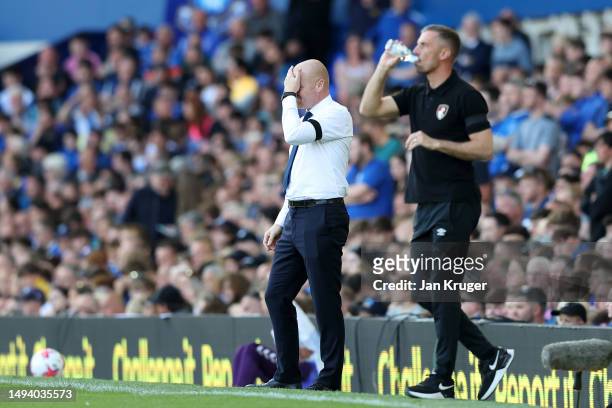 Sean Dyche, Manager of Everton, reacts during the Premier League match between Everton FC and AFC Bournemouth at Goodison Park on May 28, 2023 in...