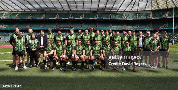 The World XV team pose for a team photograph during the Killik Cup match between Barbarians and a World XV at Twickenham Stadium on May 28, 2023 in...